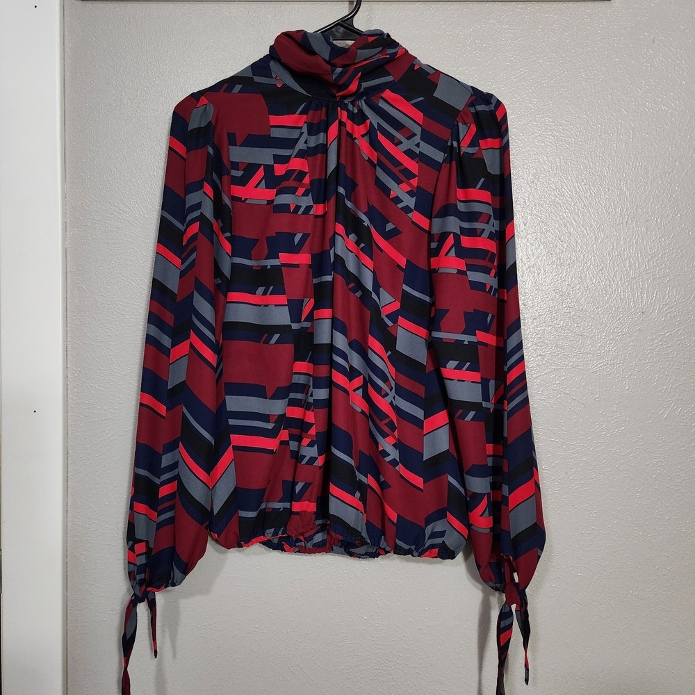 Allison Joy Red Multicolor‎ Geometric High Neck Printed Tie Sleeve Blouse Size S